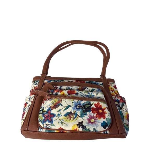 Floral Faux Leather Shoulder Bag Purse Multiple Pockets 9 in X 13 in X 3.5 in - Picture 1 of 7